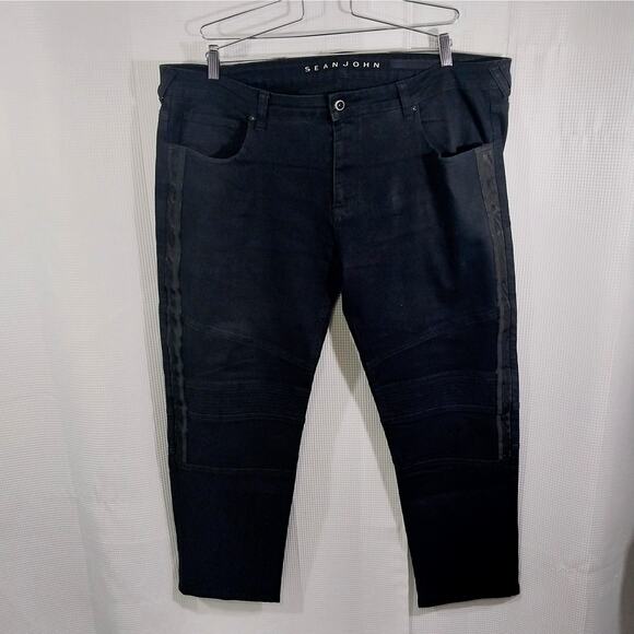 SEAN JOHN! RICH BLACK SIDE STRIPE, KNEE DETAIL DENIM 5 POCKET JEANS! SZ 44 X 29 - Picture 2 of 12